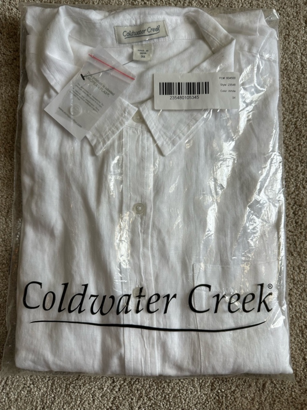 Coldwater Creek White Linen-Blend Collared Shirt